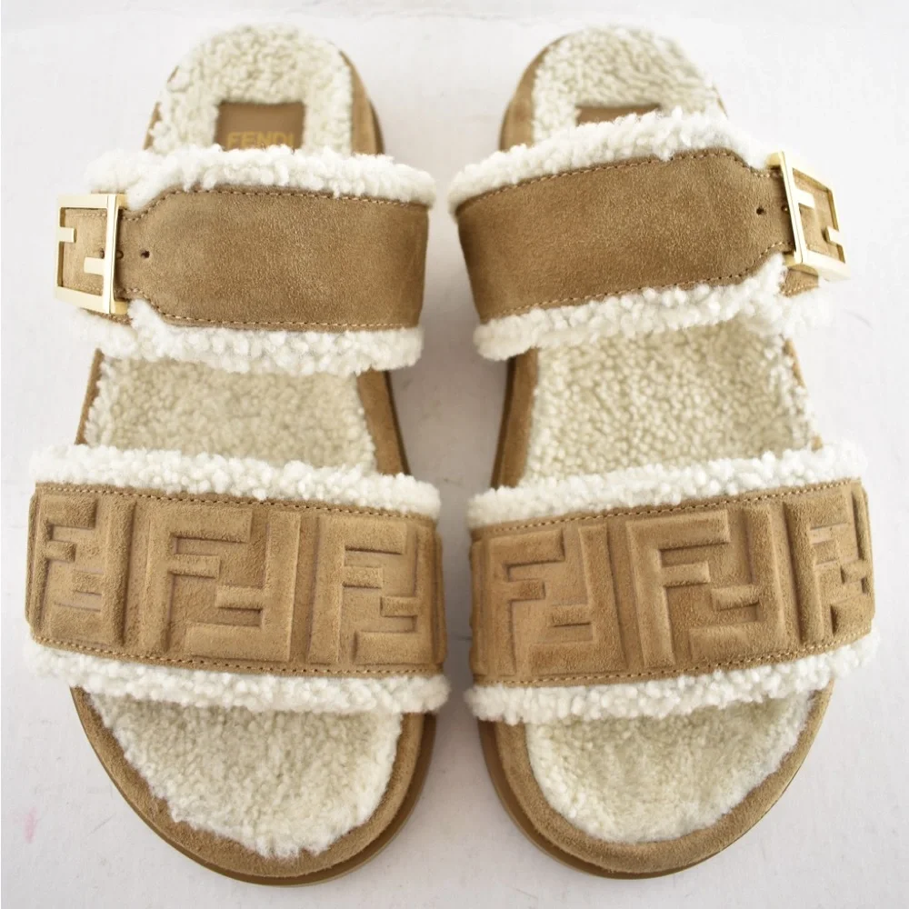 Fendi Feel Slide Shearling Fur Lined Bronze Monogram Logo Mule Flat Sandal 36.5 - Picture 6 of 16